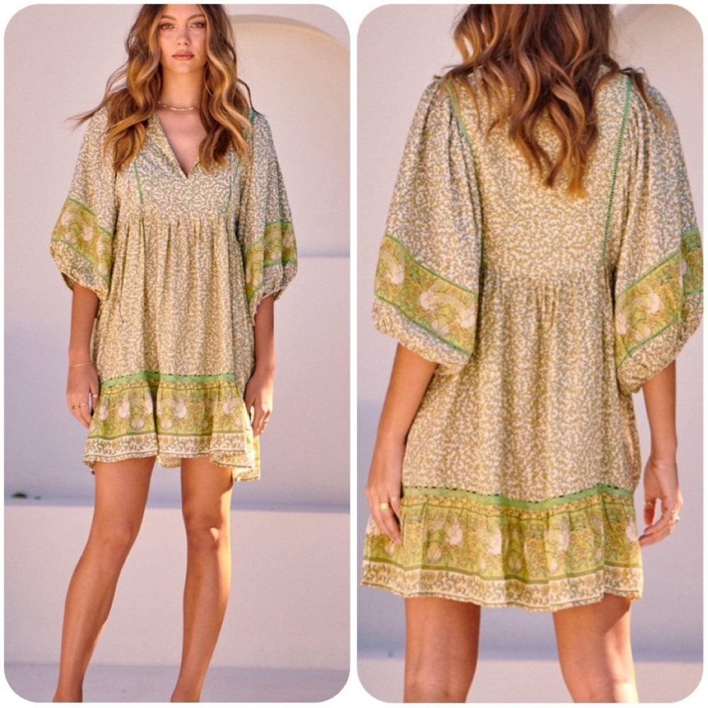 Green boho flowy mini dress size M NWT